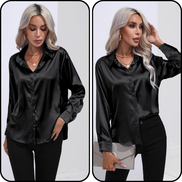 Lovely Rosetta Tops - Black Collared Neck Buttoned Long Sleeve Shirt